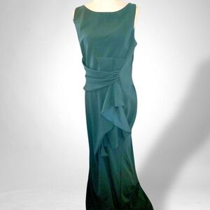 BETSY & ADAM "CHRISTINE" SCUBA CREPE RUFFLED BOW GOWN